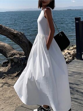 Commense White Sleeveless Cotton Blend Midi Dress Pockets NWT XS